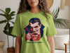 T-shirt with a vintage vampire illustration and the text "I only rise for coffee".