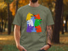 Green t-shirt with colorful cartoon dogs and text "DO NOT LET THEM DRIVE".