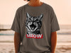 T-shirt with a black and white roaring cat graphic and "MEOW" text.