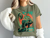Chameleon with Japanese text on a green t-shirt.