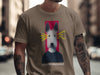 Brown t-shirt featuring a dog illustration with lightning bolts and "overstimulated" text.