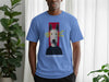 Blue t-shirt with graphic of a stylized dog head and the word "overstimulated".