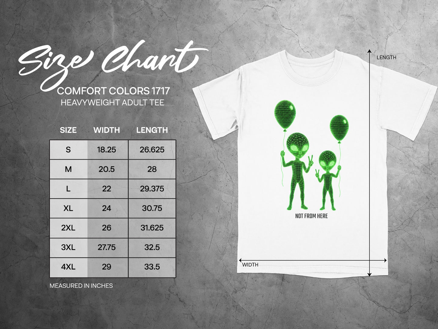 Size chart for Comfort Colors 1717 heavyweight adult tee, showing width and length.
