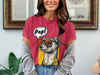 Red t-shirt with a cartoon ferret wearing sunglasses saying "Pop!".