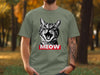 Grey t-shirt featuring a black and white close-up of a cat's face with "MEOW" text.