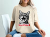 T-shirt with graphic of a cat's open mouth and "MEOW" text.