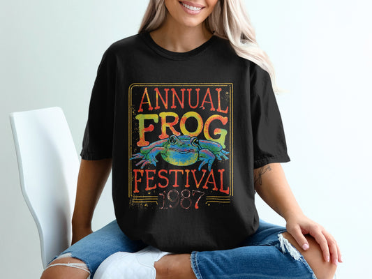 Vintage Frog Festival T-Shirt, Retro 1987 Amphibian Lover Tee, Quirky Nature Festival Graphic Shirt, Unique Animal Lover Gift