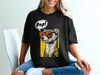 Black t-shirt with a graphic of a ferret wearing sunglasses and a speech bubble saying "Pop!"