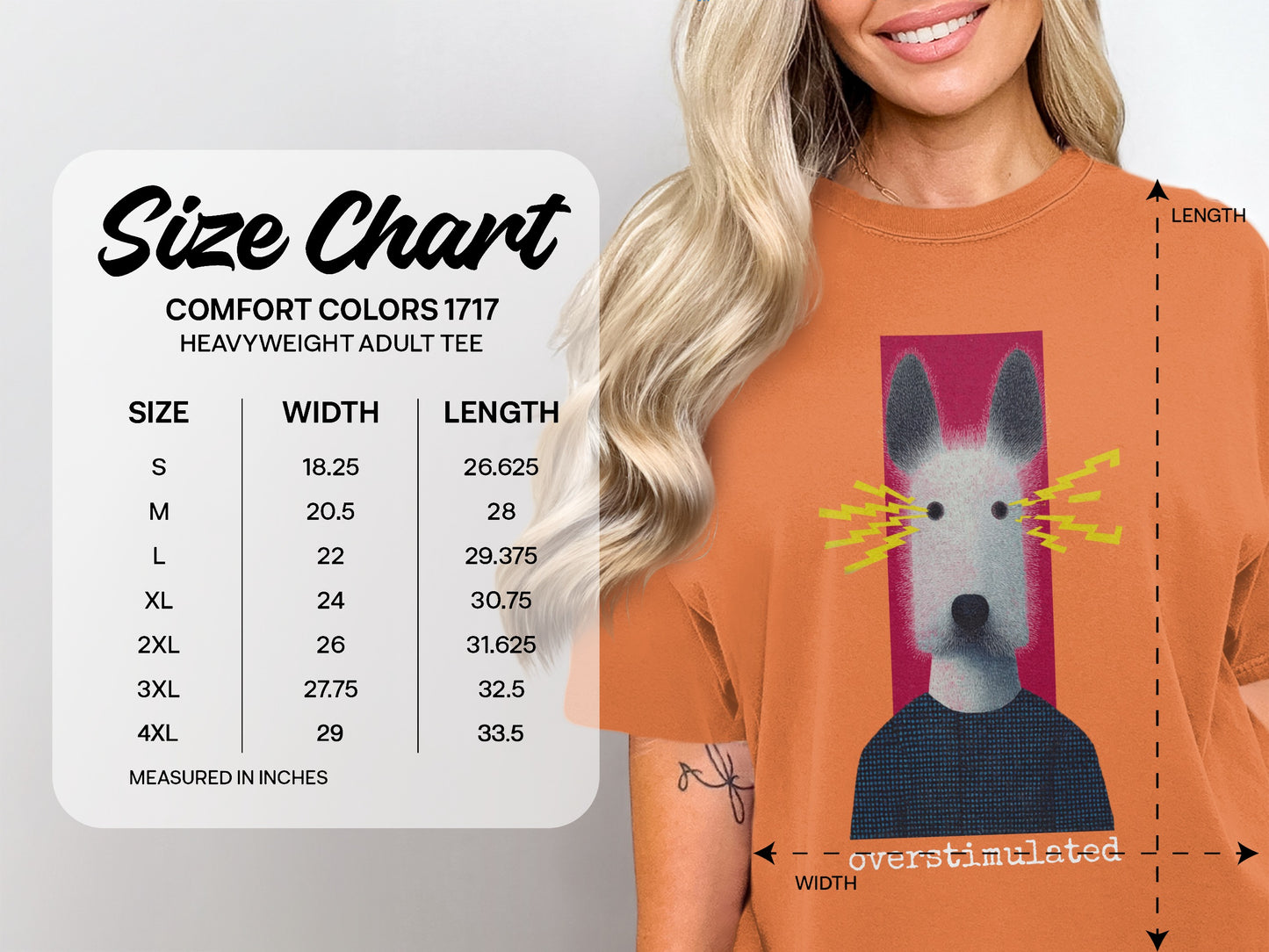 Size chart for Comfort Colors 1717 Heavyweight Adult Tee in inches.