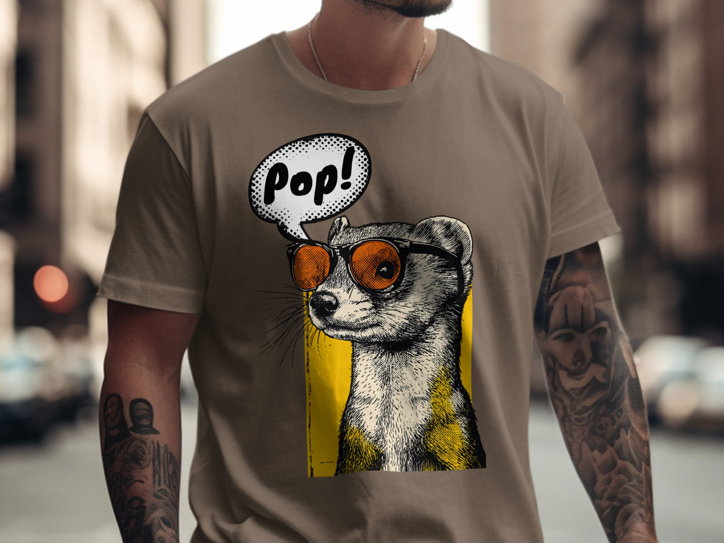 T-shirt with cartoon meerkat wearing sunglasses, saying "Pop!".