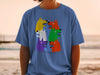 T-shirt with abstract dogs in colorful squares, text reads "DO NOT LET THEM DRIVE".