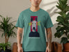 Green t-shirt with a dog wearing a sweater and yellow lightning bolts.