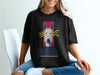 Black t-shirt with a graphic of a dog wearing a blue shirt and yellow lightning bolts.