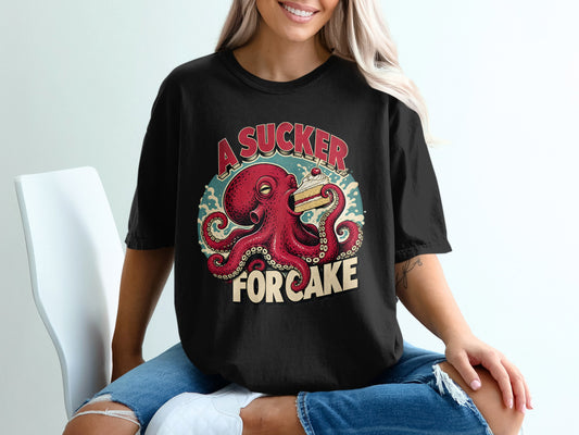 Black t-shirt with octopus holding cake and text "A SUCKER FOR CAKE".