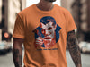 Graphic t-shirt with a vampire holding a coffee cup and the text "I only rise for coffee."