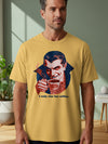 Vampire holding coffee mug with "DARK COFFIN" text on yellow shirt.