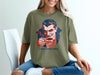 T-shirt with retro vampire holding a coffee cup, text "I only rise for coffee".