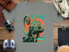 Chameleon on grey t-shirt with Japanese text and red circle.