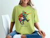 Chameleon playing guitar on a lime green t-shirt, "offbeat" text below.