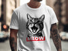 Black and white cat with open mouth on white t-shirt, with "MEOW" in red.