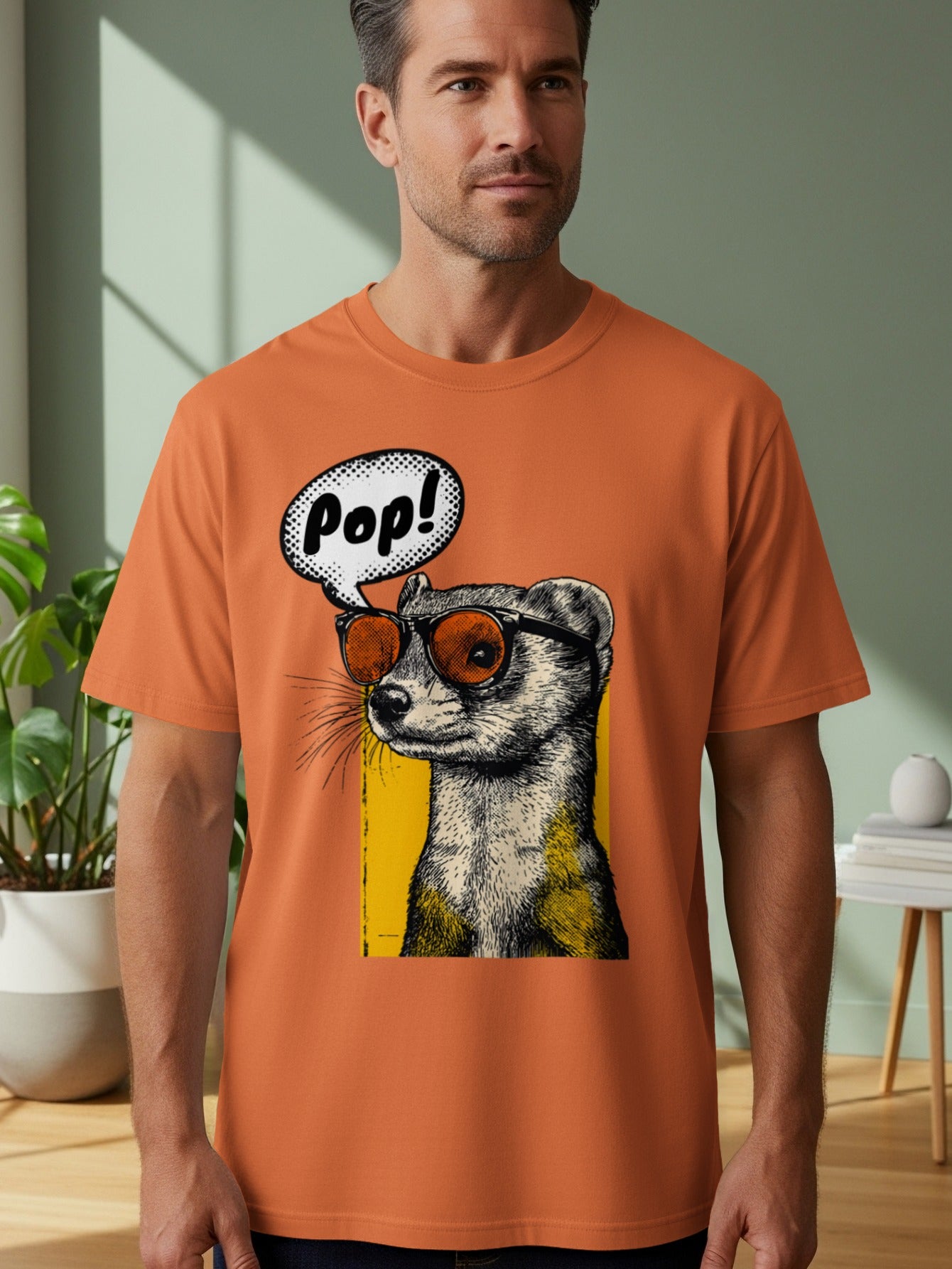 Ferret wearing sunglasses on orange t-shirt with "Pop!" speech bubble.