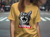 Yellow t-shirt with a distressed black and white cat face and "MEOW" text.