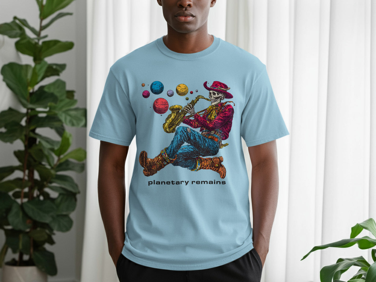 Skeleton in a cowboy hat plays a saxophone surrounded by colorful planets.