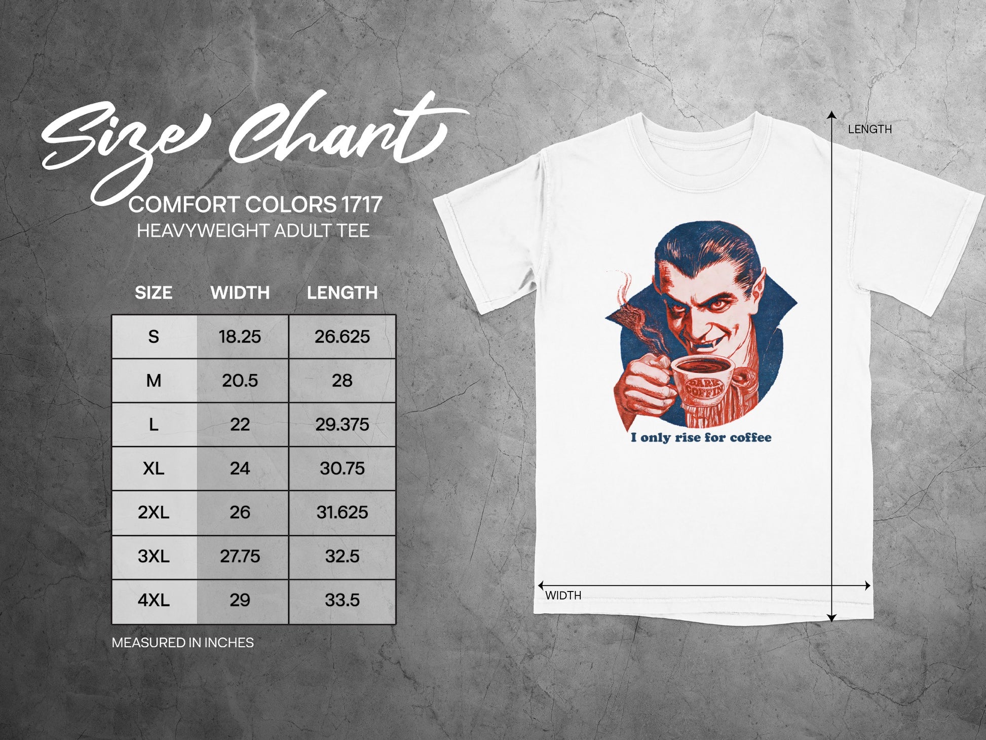 Size chart for Comfort Colors 1717 heavyweight adult tee with vampire graphic.