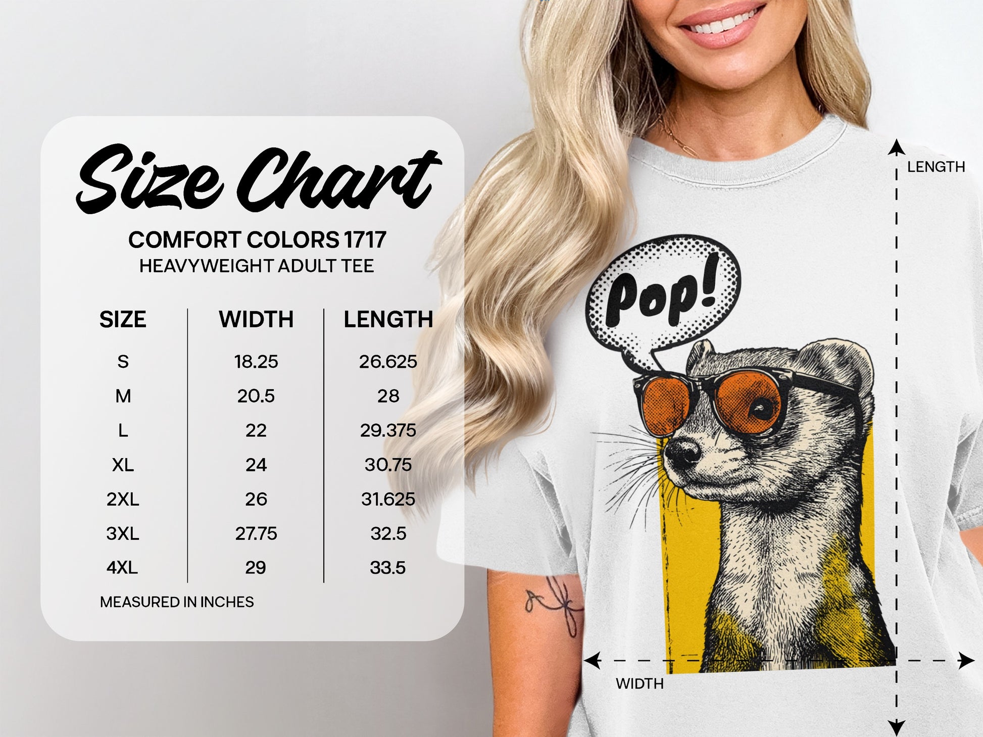 Comfort Colors 1717 size chart for heavyweight adult tee with ferret illustration.