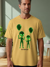 Yellow t-shirt with green alien graphics and balloons, reading "NOT FROM HERE".