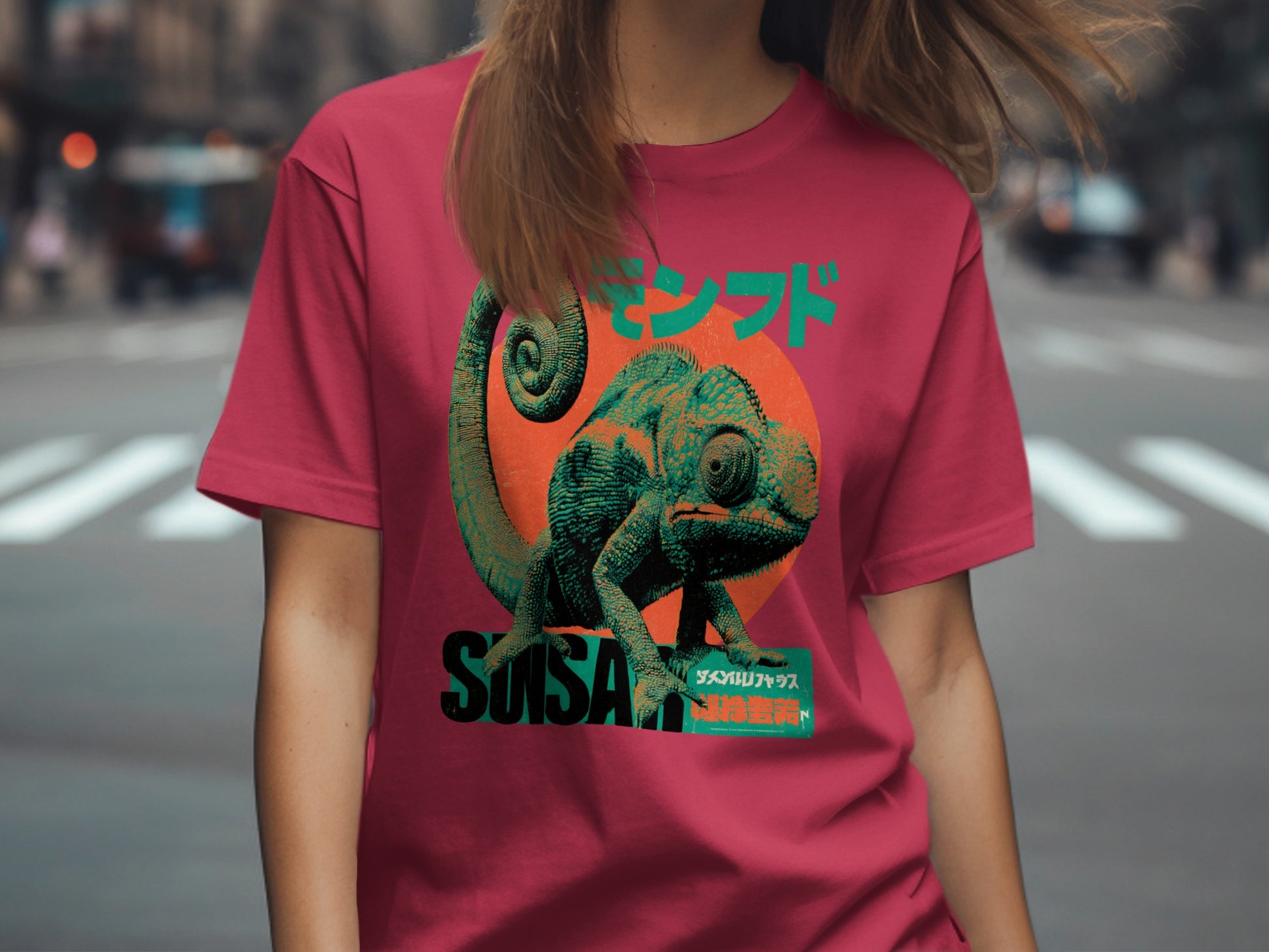 Burgundy t-shirt with chameleon and Japanese text graphic.