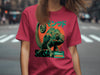 Burgundy t-shirt with chameleon and Japanese text graphic.