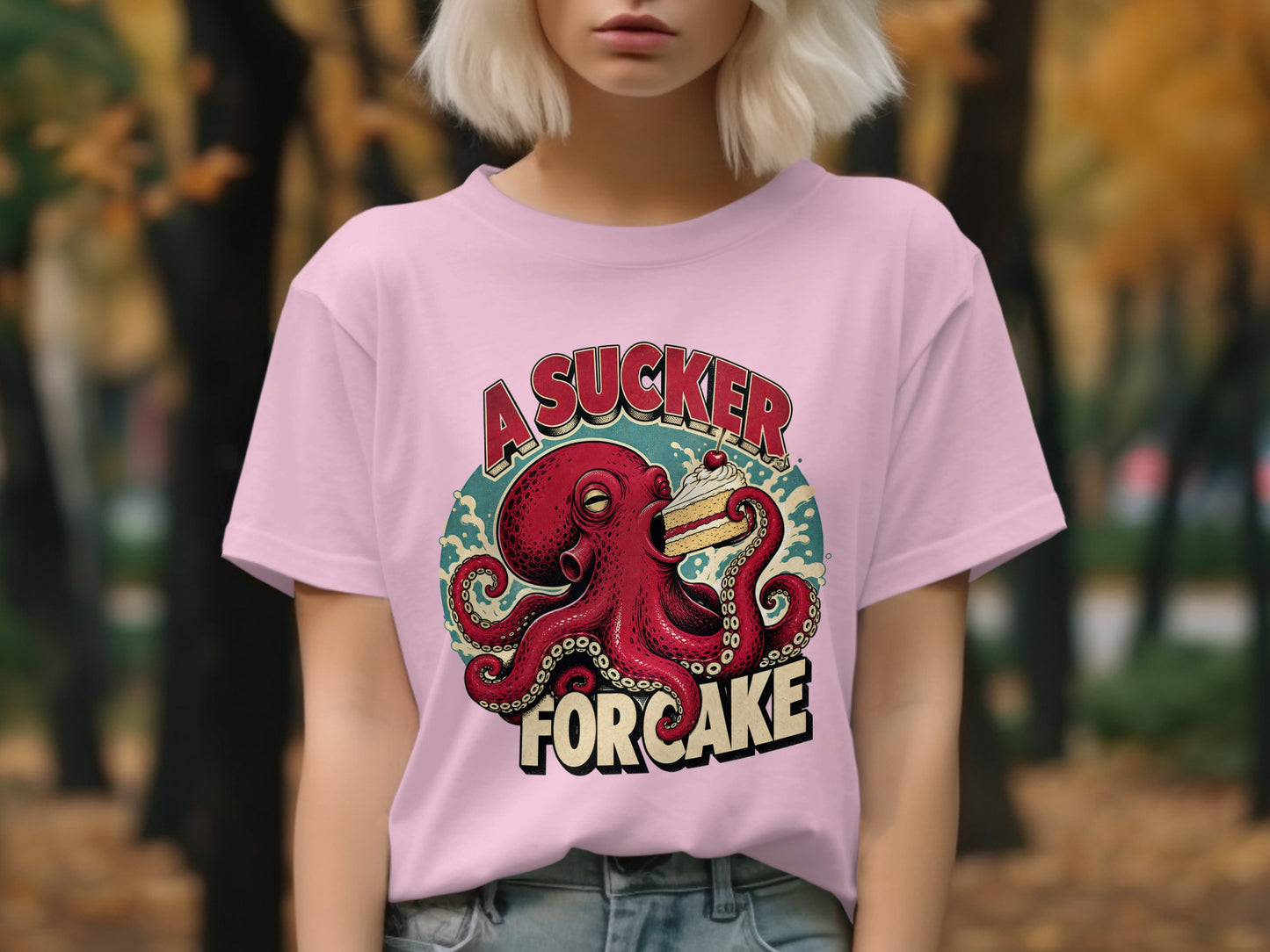Octopus wearing a pink t-shirt, eating cake.