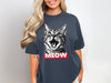 Dark gray t-shirt with a black and white cat face and "MEOW" text.